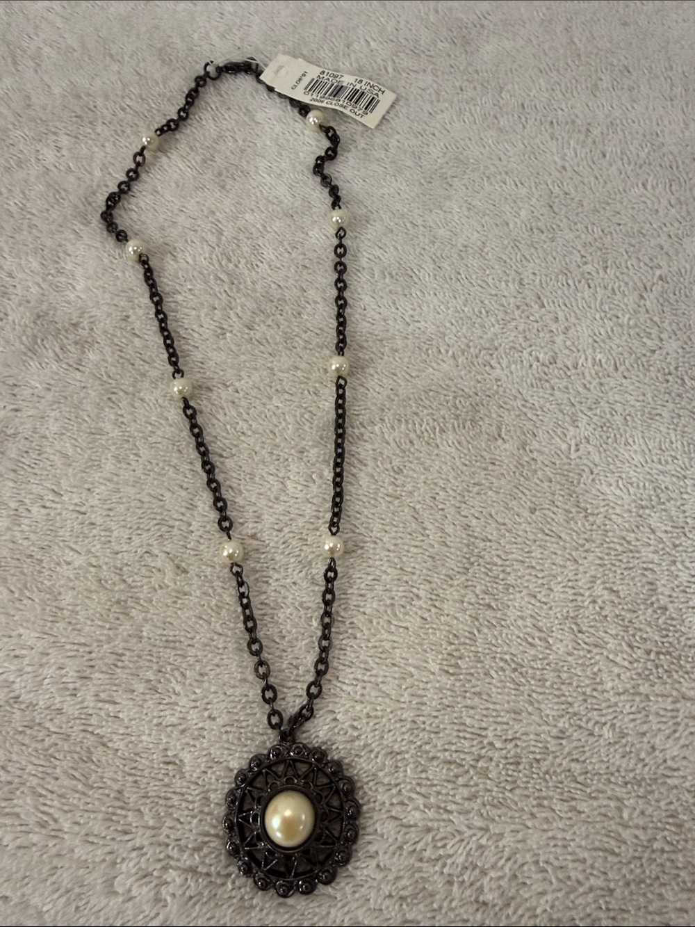 1928 Black Filigree Pendant Necklace with faux Ivory Pearls 18”